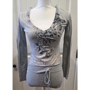 Chaudry B Size S NWT Sample Y2K Vtg Floral Mid Tie Hooded Boho Grey Long Sleeve